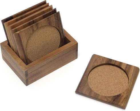 Lipper International Acacia Square with Cork Coasters and Caddy, 7-Piece Set...