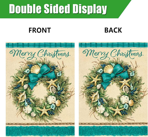 Merry Christmas Coastal Garden Flag, White Xmas Winter Home Decorative House Yard Outside Small Flag Seashell Starfish Wreath Beach Decor, Farmhou...