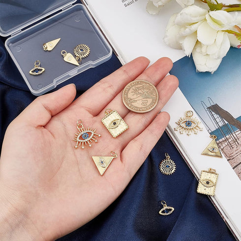 Beebeecraft 12Pcs 6 Style Real 18K Gold Plated Evil Eye Charms Bulk Cubic Zirconia Turkish Evil Eye Crystal Beads with Jump Ring for DIY Jewelry M...
