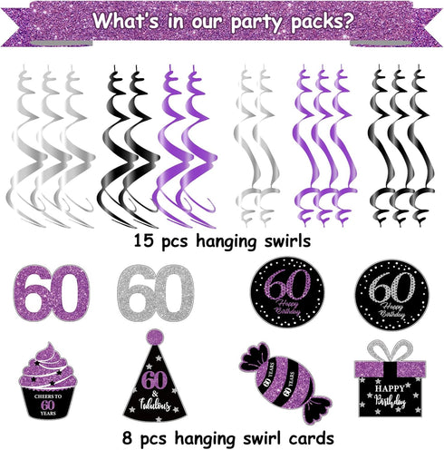 60th Birthday Decorations for Women Purple Black Silver 60th Birthday Party Decorations Hanging Swirls Ceiling– Women...