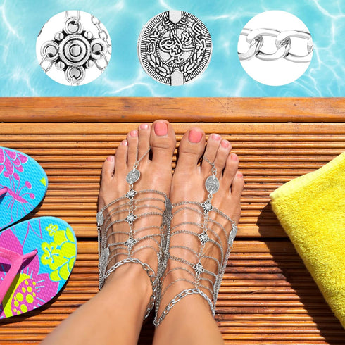 4 Pairs Barefoot Sandals Foot Jewelry Beach Summer Tassels Anklet Chain Bracelet Wedding Multi Chain Boho Coin Anklet Bracelet for Women Girl Acce...