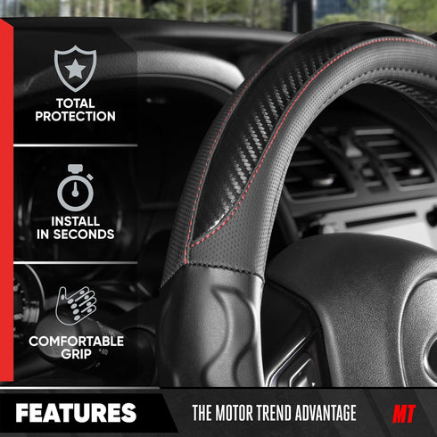 Motor Trend Redline D-Shaped Steering Wheel Cover - Premium Flat Bottom Car Steering Wheel Cover, Black Faux Leather Sterring Wheel Cover, Standar...