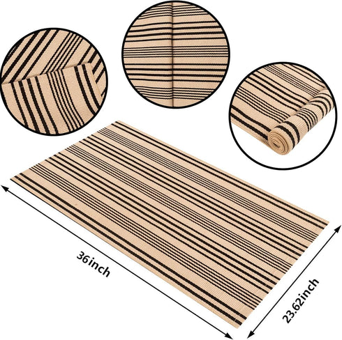 Black and Khaki Door Mat Outdoor Rug 24'' x 35'' Front Porch Rug Washable Entryway Rug Striped Layered Door Mats Hand-Woven Indoor/Outdoor Small A...