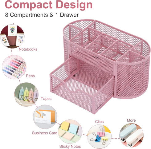 EOOUT Pink Desk Organizer, Pen Holder for Desk and Accessories, Mesh Desk Organizer with 8 Compartments and 1 Drawer for Office Home School Classr...