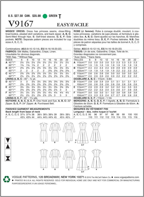 Vogue Patterns V9167 Misses' Notch-Neck Princess-Seam Dresses, A5 (6-8-10-12-14)...
