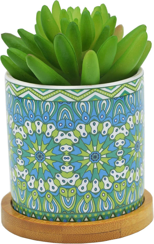 Cute 2.95 Inches Modern Cylindrical Mandalas Shaped Ceramic Succulent Cactus Flower Plant Pots with Bamboo Tray - Plant Not Included (Green)...