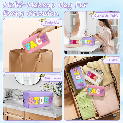 4Pcs Premium Preppy Makeup Bag Set, Fashion Chenille Letter Waterproof PU Leather Cosmetic Bags, Multi Colors Large Capacity Travel Makeup Bag Set...
