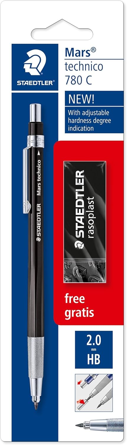 STAEDTLER 780 C BKP6 Mars Technico Leadholder Clutch Pencil with Built-In Sharpener - HB, 2mm Line Width (Pack of 1 + FREE Eraser)...