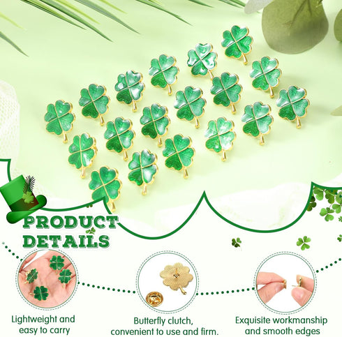 72 Pcs St. Patrick's Day Clover Lapel Pins Include Four Leaf Clover Lapel Pin Brooches with Blessing Cards and Organza Gift Bags Irish Four Leaf C...