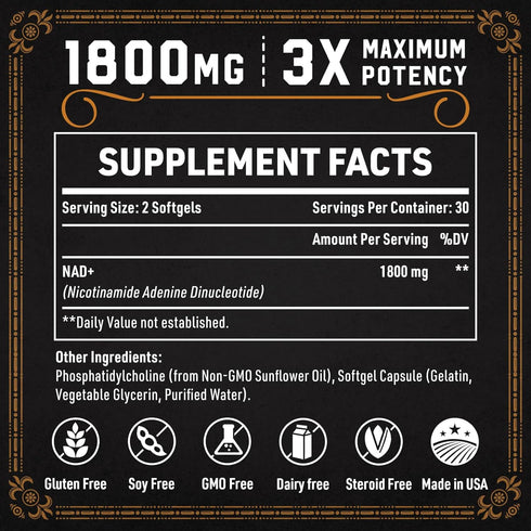1800 MG Liposomal NAD Supplement, NAD+ Supplement Similar to Nicotinamide Riboside, 98% Pure NAD Plus Supplement for Energy Booster & Cellular Rep...