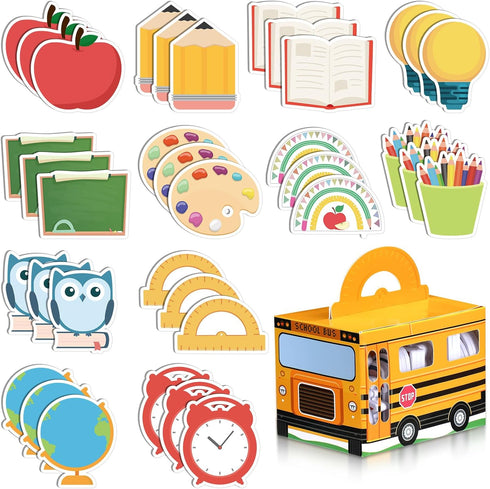 Fulmoon 37 Pcs Back to School Sticky Notes and School Bus Storage Box Set 36 Pcs Pencil Ruler Book Blackboard Owl Shaped Self Adhesive Writing Sti...