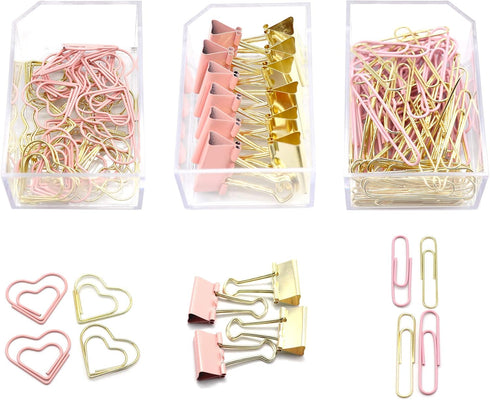 Gold Pink Binder Clips and Paper Clips Set (3-in-1 Boxed), for Office School Supplies Teachers Classroom Daily use...
