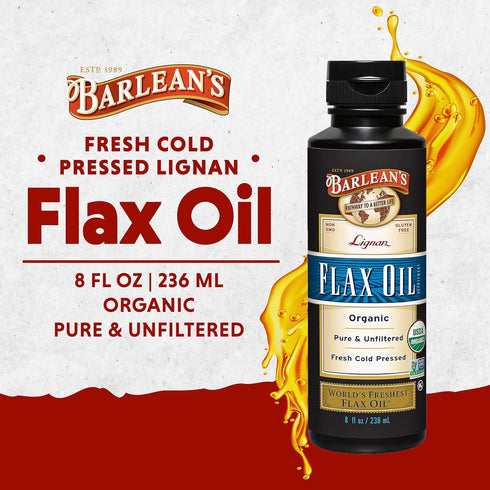 Barlean's Organic Lignan Flaxseed Oil Liquid Supplement from Cold Pressed Flax Seeds, 7,230 mg ALA Omega-3 Fatty Acids for Skin and Hair Care, Veg...