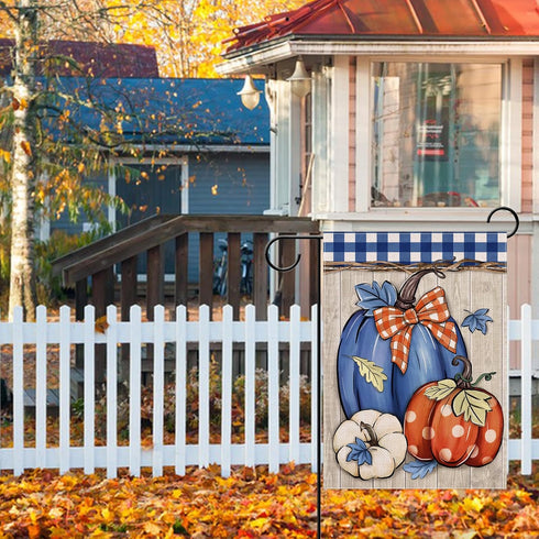 Fall Blue White Pumpkin Decorative Garden Flag, Autumn Plaid Check Farmhouse Yard Outside Decorations, Thanksgiving Rustic Burlap Outdoor Small Ho...