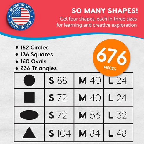 Basic Shapes 1: Circles, Triangles, Squares, Ovals, 676 Pieces US Made Card Stock Punch Out Geometric Shapes in 3 Sizes and 4 PRIMARY Colors for M...