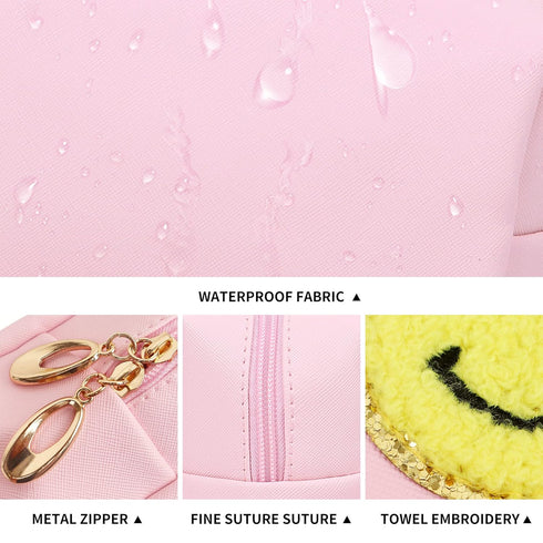Preppy Patch Makeup Bag,Smile Lightning PU Leather Waterproof Makeup Bag for Girls,Daily Use Preppy Girls Stuff Makeup Bag,Travel Organizer Cosmet...