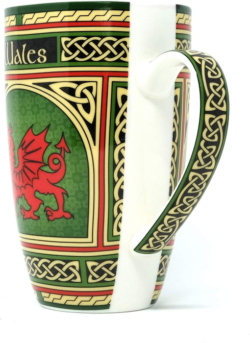 Clara Craft Wales Porcelain Coffee Mug - Welsh Red Dragon Porcelain Cup with Irish Celtic Knots Design, Made of New Bone China 400ml/14fl oz...