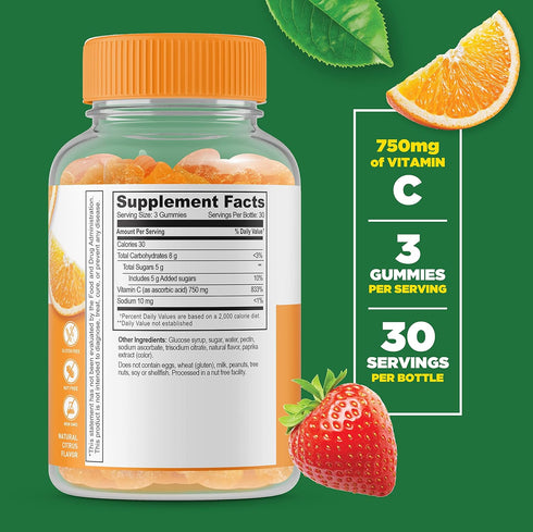 Lifeable Vitamin C - Great Tasting Natural Flavor Gummy Supplement - Vegetarian GMO-Free Chewable Vitamins - for Immune Support - 90 Gummies (750 ...