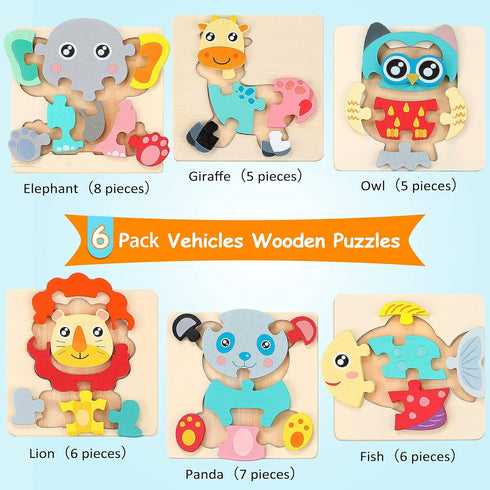 6 Pack Wooden Puzzles for Toddler 1-3 Years Old Wood Jigsaw Puzzles for Boys Montessori Games and Educational Toys for Kids Wooden Toddler Puzzles...