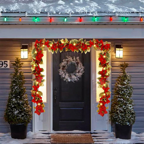 Glintoper Christmas Poinsettia Garland, 5.9 FT Lighted Artificial Garlands with 36 Red Flowers, Battery Operated with Timer Poinsettia String Ligh...
