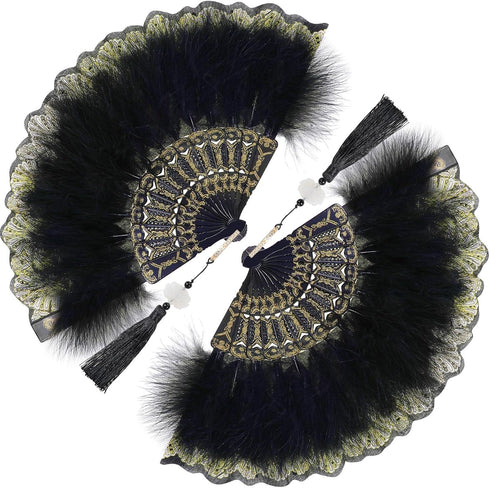 2 Pieces Feather Hand Fan Embroidered Flower Marabou 1920s Feather Fan Hand Folding Drag Queen for 20s Women Costume Party Dancing Photoshoot Wedd...