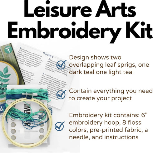 Leisure Arts Embroidery Kit 4" Teal Leaves - cross stitch kits for beginners - embroidery kit for beginners - embroidery kits for adults - embroid...