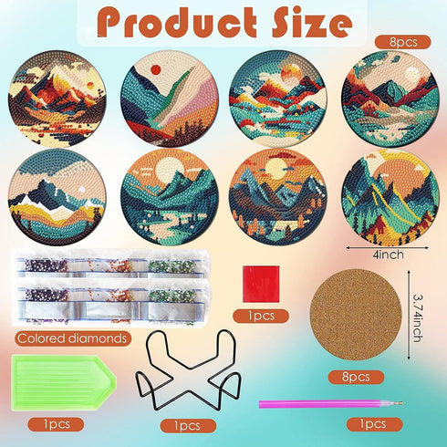 ijbnhd 8 Pcs Diamond Painting Coasters with Holder, Abstract Landscape Diamond Art Coasters Diamond Painting Kits for Beginners, Adults Art Craft ...