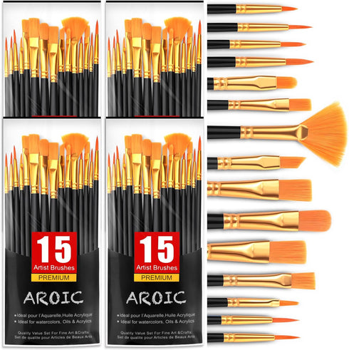 AROIC Acrylic Paint Brush Set,4pack/60pcs Nylon Hair Oil Watercolor Rock Face Painting Artist Paint Brushes, 15 Sizes Paint Brush Set for All Purp...