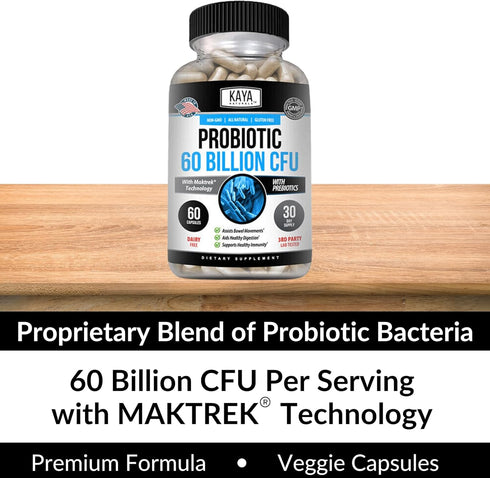 Kaya Naturals Probiotic 60 Billion CFU | Probiotics for Women, Probiotics for Men and Adults, Natural | Gut Health & Immune Support Supplement | P...