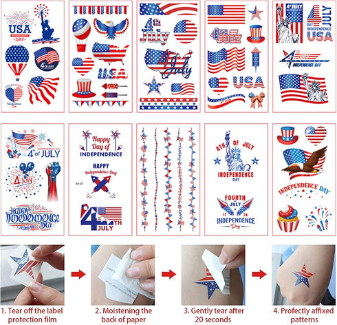 Whaline 15pcs 4th of July Accessories Kit Patriotic American Flag Headband Hair Band Hair Scrunchies Earrings Temporary Tattoos Independence Day G...
