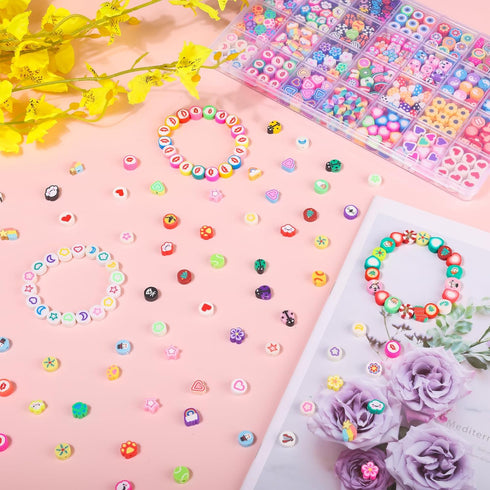 Pizooro 420PCS Polymer Clay Beads Bracelet Making Kit,28 Styles Cute Heart Fruit Mushrom Clay Beads Charms for Jewelry Necklace Earring Making,DIY...