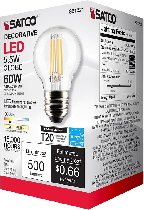 Satco 21221-5.5G16.5/LED/CL/930/120V/E26 G16 Globe LED Light Bulb...