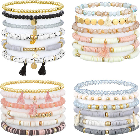 Jadive 24 Pieces Bracelets 4 Set Bead Bracelets Bulk Stackable Bracelets for Women Stretch Heishi Bracelets Clay Boho Disc Bracelets Y2k Aesthetic...