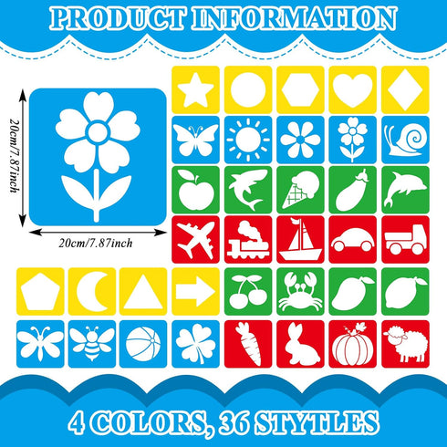 36pcs Drawing Stencils for Kids 8 Inch Sidewalk Chalk Stencils Painting Large Washable Reusable Learning Themed Primary Shape Template for Kids To...