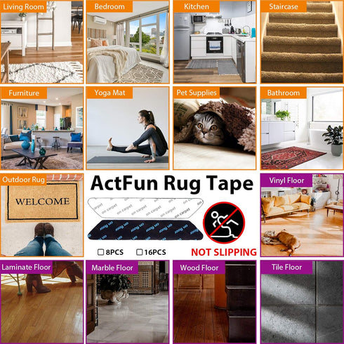 8 pcs Rug Tape, Non Slip Reusable Washable Rug Grippers for Area Rugs, Floor Mats, Hardwood Floors, Tile Floors, Linoleum, Carpets, Black (not App...