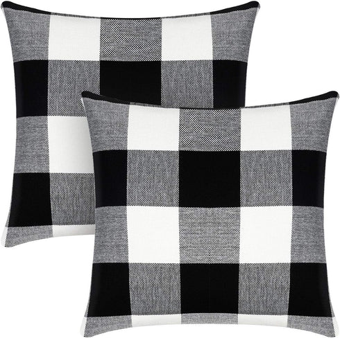 Syntus Set of 2 Buffalo Check Throw Pillow Covers Farmhouse Outdoor Plaid Square Pillow Cushion Case Black and White Polyester Linen for Christmas...