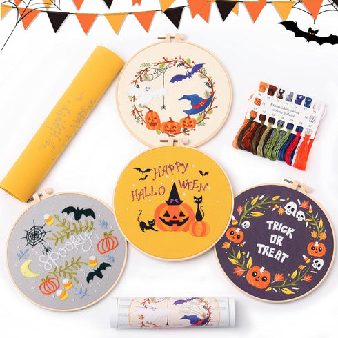 REEWISLY Halloween 4 pcs of Embroidery kit with Patterns and Instructions, DIY Adult Beginner Embroidery Kits, Including 4 Plastic Embroidery Ring...
