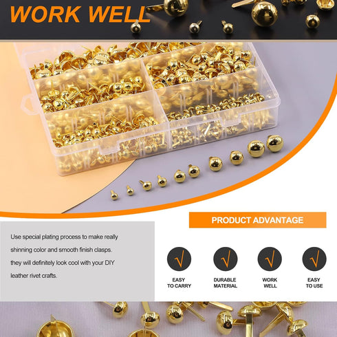 Rustark 500PCS 5 Sizes Brass Paper Fasteners Round Brads Fasteners Assortment Kit Mushroom Head Paper Fasteners Brass Metal Brads Scrapbooking Dec...