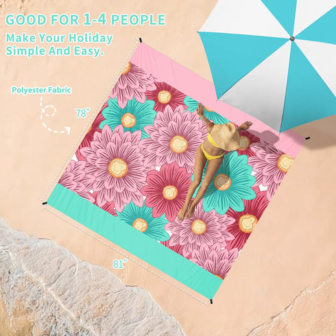 BYDOLL Beach Blanket Sandproof Waterproof 78''×81'' 1-4 Adults Floral Compact Lightweight Oversized Beach Blanket Large Picnic Mat Beach Blanket f...