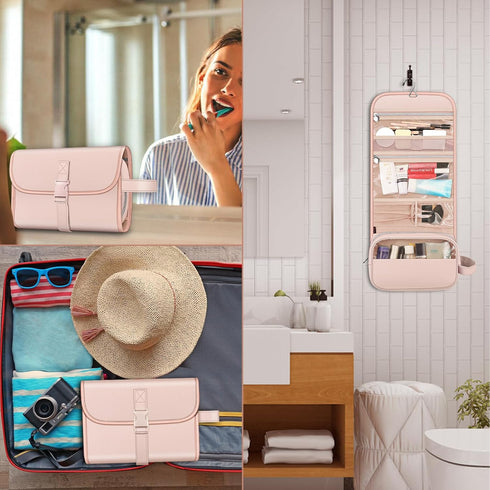 Fintie Portable Toiletry Cosmetic Travel Bag, Large Water Resistant Hanging Makeup Organizer Storage Pouch Case for Women Girls, Pink...