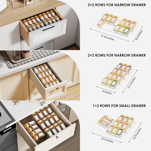 Spice Drawer Organizer, 6 Pcs Clear Acrylic In Drawer Seasoning Jars Rack, Expandable From 8" to 16" Kitchen Cabinets/Countertop Drawer Spice Rack...