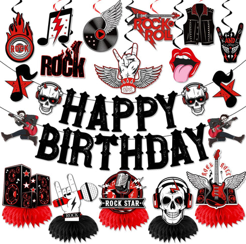 LARRAZABAL Rock and Roll Birthday Party Decorations Music Themed Party Decorations Include Happy Birthday Banner Hanging Swirls and Honeycomb Cent...