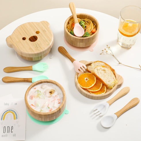 Baby Bowls with Lid - HBM Bamboo Suction Bowls for Baby and Spoon Set - 3PC Feeding Supplies Set for Infant, Toddlers - Detachable Silicone Suctio...