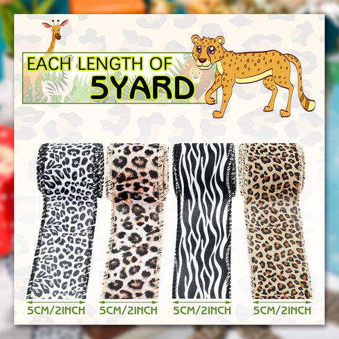 4 Rolls 20 Yards Leopard Print Ribbon Animal Print Ribbon Zebra Cheetah Wired Edge Ribbon Leopard Print Ornaments Ribbon Decorative Wrapping Ribbo...