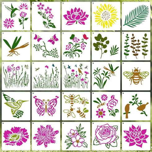 6 Inch Wildflower Stencils Reusable Spring Flower Stencils for Painting on Wood, 25 Pieces Floral Stencil DIY Craft Template for Painting on Furni...
