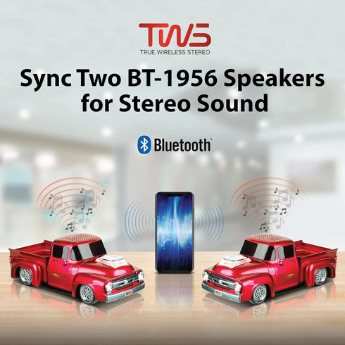 QFX Bluetooth 1956 Pickup Truck Replica Speaker, 3-inch Speakers, Hands Free Link, Built-in Microphone, FM Radio and LED Party Lights, Red - BT-19...