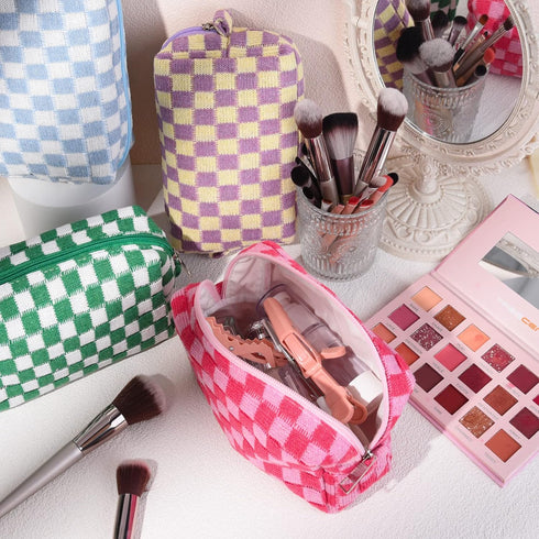 6 Pcs Checkered Makeup Bag Preppy Cosmetic Bag Bulk Pink Black Makeup Pouch Personalize Travel Toiletry Bag Organizer Cute DIY Makeup Brushes Stor...