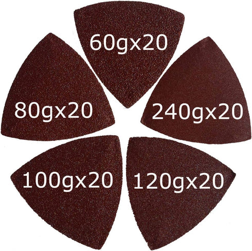 100 Pcs 3-1/2 Inch 90mm Triangular 60/80 /100/120 /240 Grits Hook & Loop Multitool Sandpaper for Wood Sanding Contains 20 of Each Fit 3.5 Inch Osc...