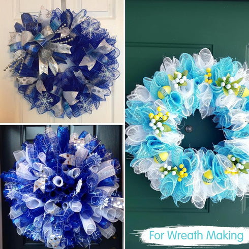 TONIFUL 2 Rolls 10 Inch Light Blue Decorative Mesh Ribbbon Rolls, Fabric Mesh with Foil for Mesh Wreath Supplies, Front Door Wreath Tree Decor Chr...