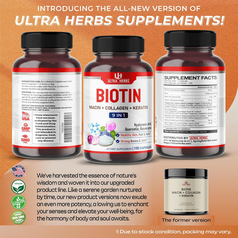 Biotin and Colagen, Keratin, HA, Niacin, Quercetin - 9 IN 1 Hair Growth Support, Skin & Nails Beauty Supplement 14,519mg | 150 Capsules...